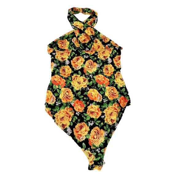 Zara Halter Top Bodysuit Size Small S Black Yellow Green Floral Twist Neck - Picture 4 of 13